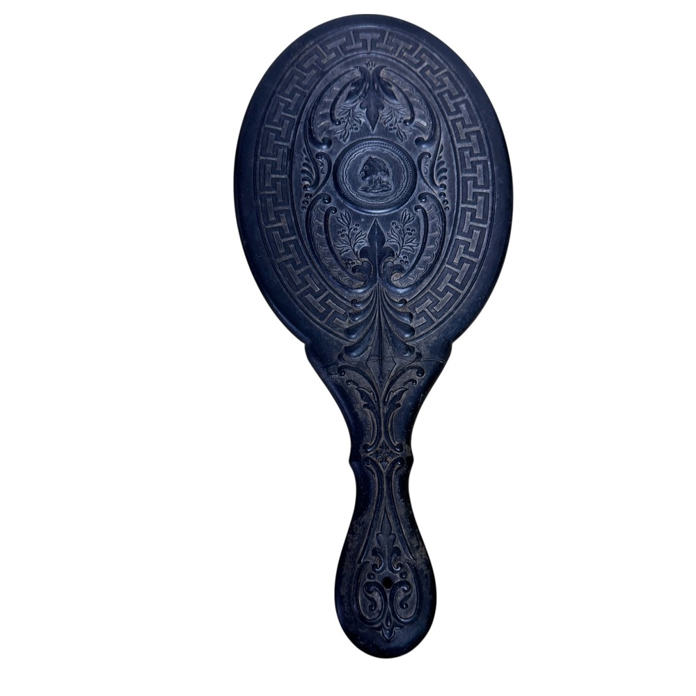 Antique Victorian Gutta Percha Hand Mirror Greek Key Cameo Black Ornate 10 inch